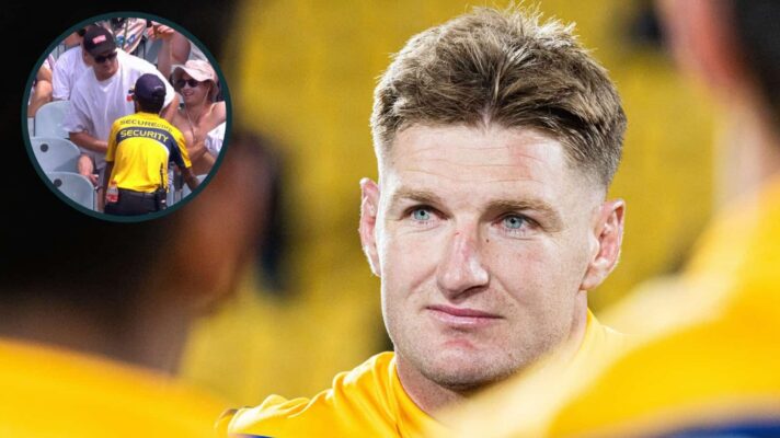 Jordie Barrett and an inset of him getting kicked out of the MCG in 2019.