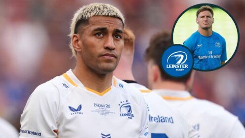 All Blacks and Leinster back Reiko Ioane and an inset of Jordie Barrett.