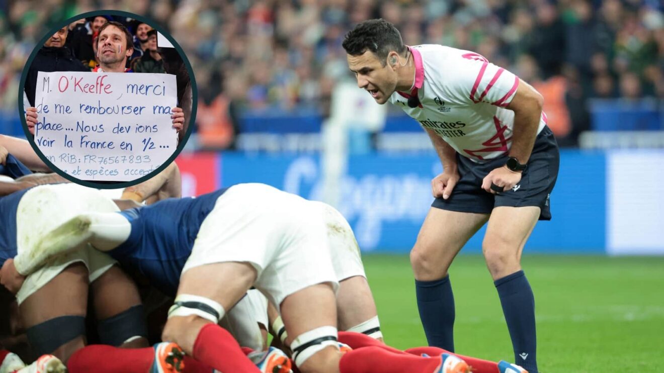 Referee Ben O'Keeffe and an inset of sign criticising his quarter-final performance.