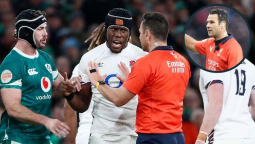Referee Ben O'Keefe speaks to England's Maro Itoje and Ireland's Caelan Doris during the 2025 Six Nations.