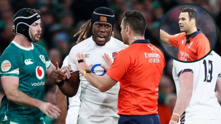 Referee Ben O'Keefe speaks to England's Maro Itoje and Ireland's Caelan Doris during the 2025 Six Nations.