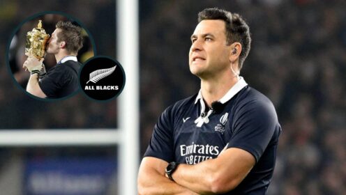 Referee Ben O'Keeffe and an inset of ex-All Blacks captain Richie McCaw kssing the Webb Ellis trophy.