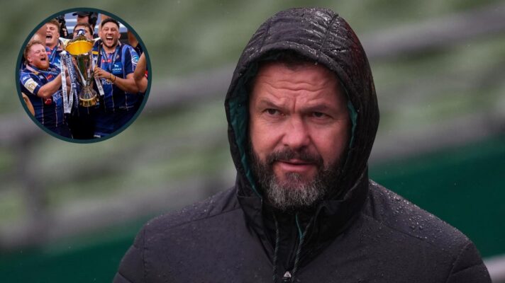 Ireland head coach Andy Farrell and Bordeaux-Begles lifting the Champions Cup trophy (inset).