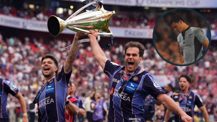 Matthieu Jalibert and Damian Penaud with an inset of Dan Carter in 2007.