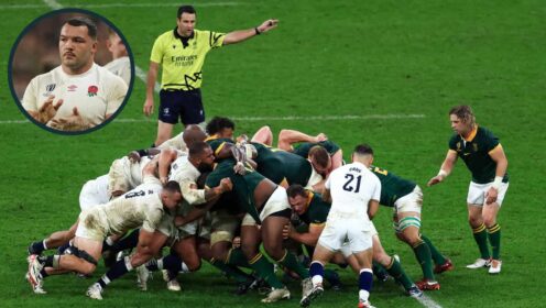 Scrum between Springboks and England during the World Cup and an inset of Ellis Genge.