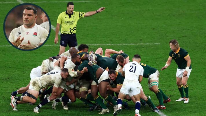 Scrum between Springboks and England during the World Cup and an inset of Ellis Genge.