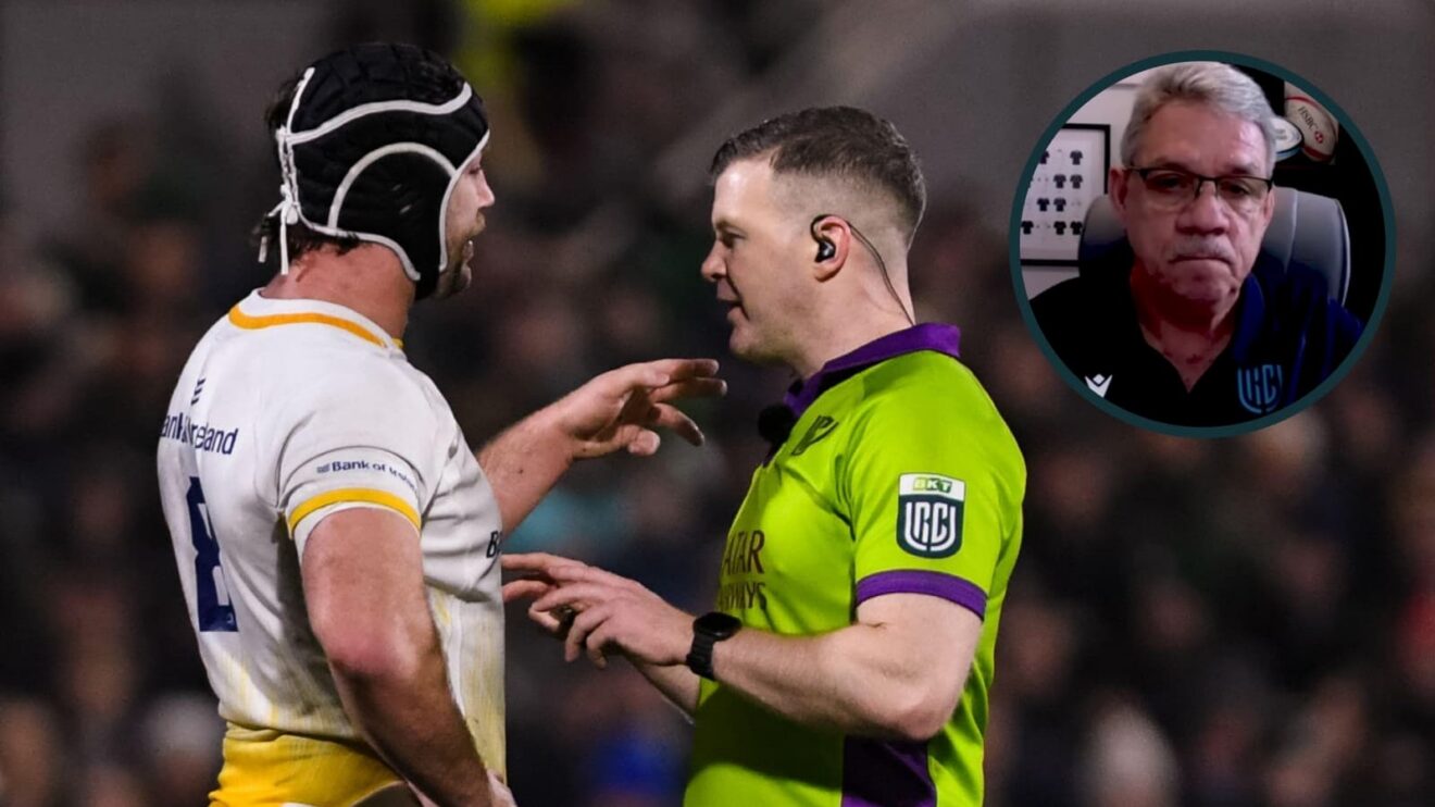 Leinster's Caelan Doris speaks with match referee Eoghan Cross during the BKT United Rugby Championship and inset of Tappe Henning.