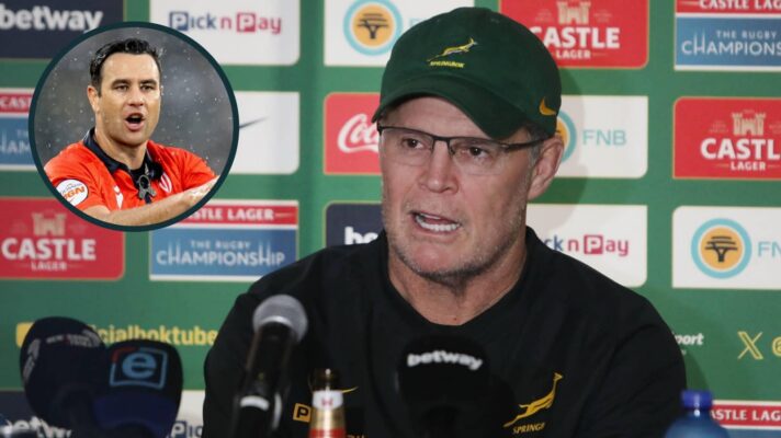 Springboks head coach Rassie Erasmus and an inset of referee Ben O'Keeffe.