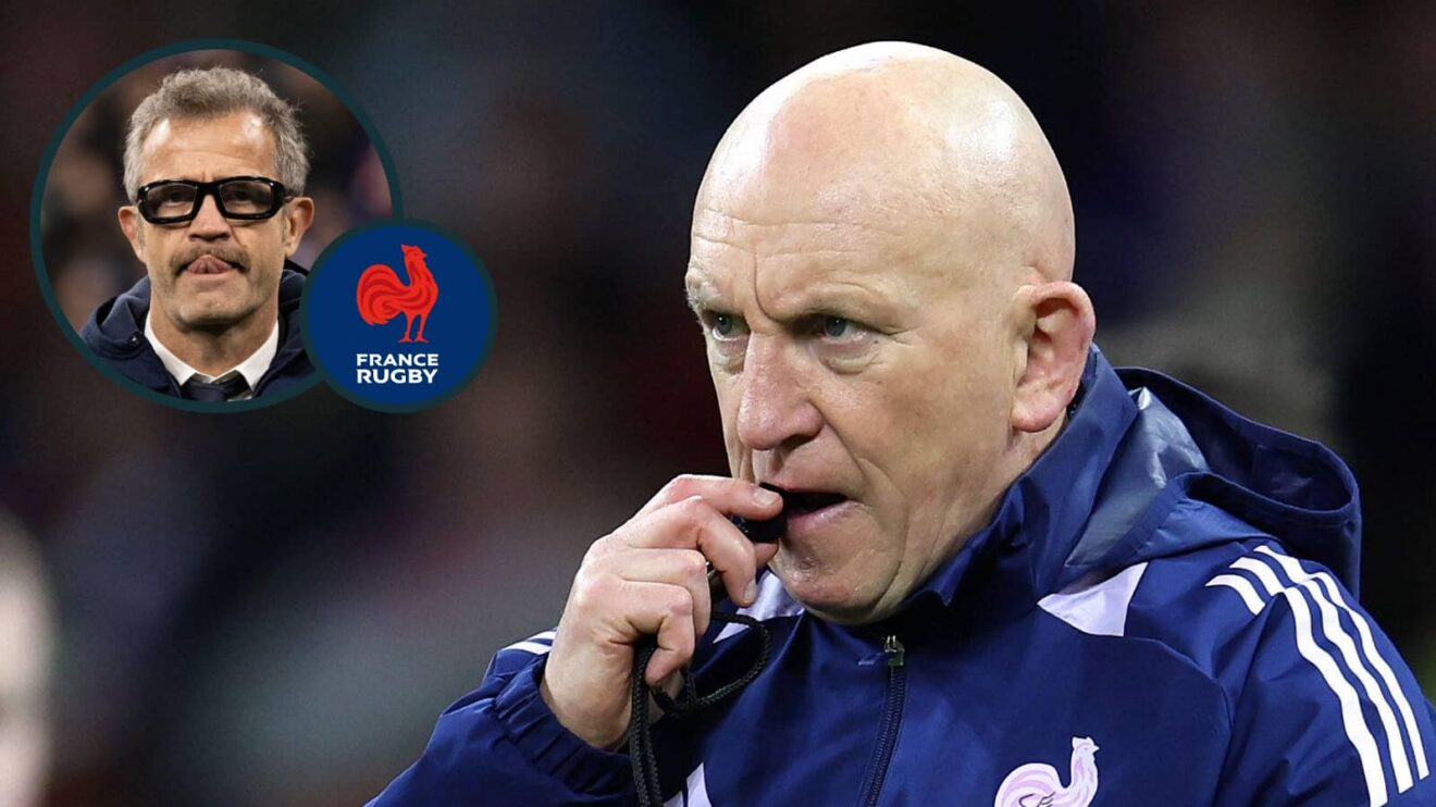 Shaun Edwards and an inset of France head coach Fabien Galthié.