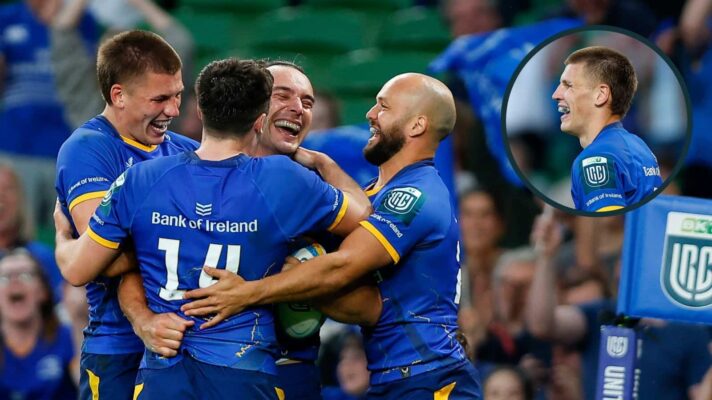 Leinster players celebrate with James Lowe and an inset of Sam Prendergast.