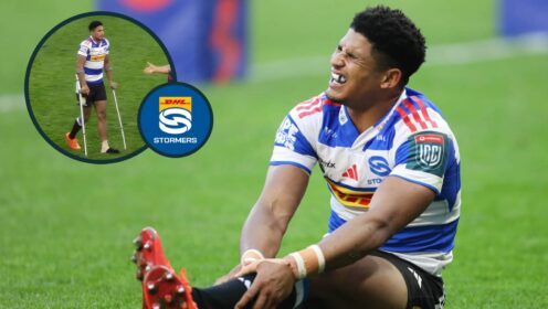 Sacha Feinberg-Mngomezulu after suffering injury against Cardiff and the Stormers star on crutches (inset).