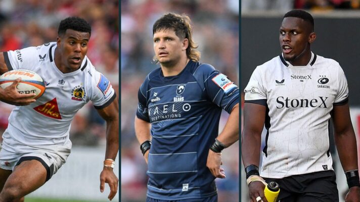 A three panel image of Immanuel Feyi-Waboso (left), Benhard Janse van Rensburg (centre) and Maro Itoje (right)