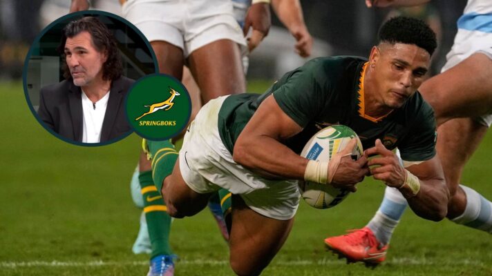 Sacha Feinberg-Mngomezulu scoring a try for the Springboks and South Africa legend Victor Matfield (inset).