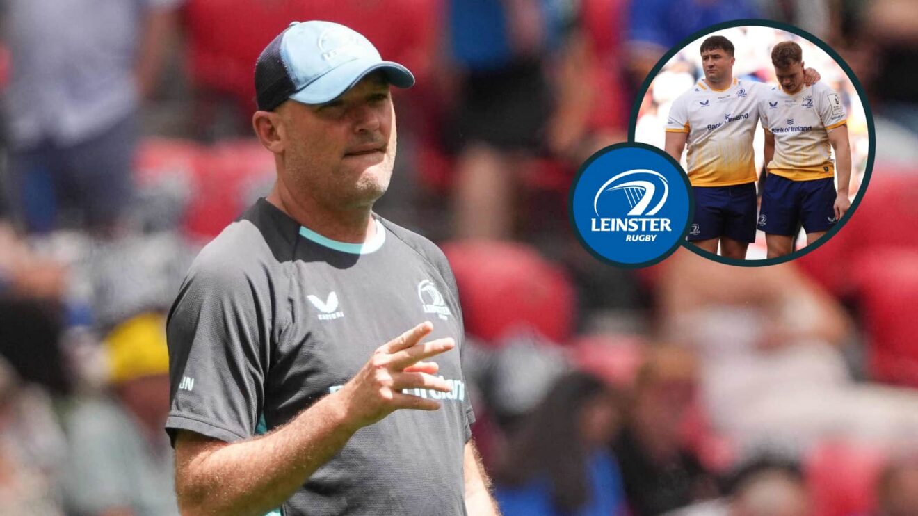 Leinster senior coach Jacques Nienaber and dejected players (inset) after Champions Cup final defeat.
