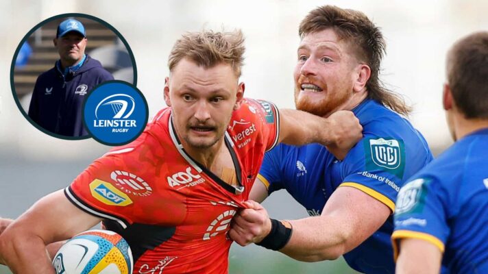 Leinster defending against the Lions and their senior coach Jacques Nienaber (inset).