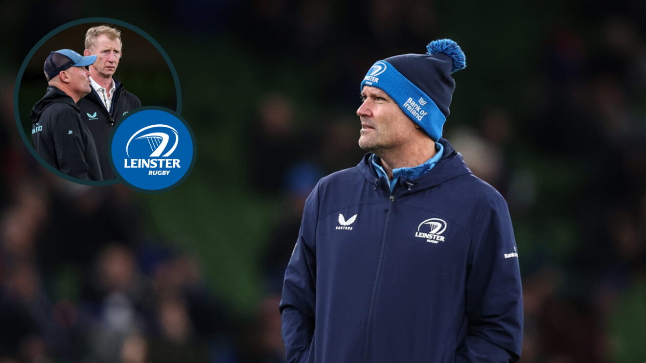 Leinster coach Jacques Nienaber (INPHO/Ben Brady) and an inset of him with head coach Leo Cullen (INPHO/Ryan Byrne/EPCR Rugby).