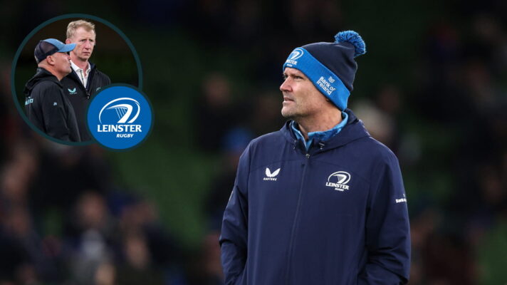 Leinster coach Jacques Nienaber (INPHO/Ben Brady) and an inset of him with head coach Leo Cullen (INPHO/Ryan Byrne/EPCR Rugby).