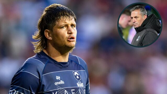 Benhard Janse van Rensburg and an inset of Glasgow Warriors head coach Franco Smith.