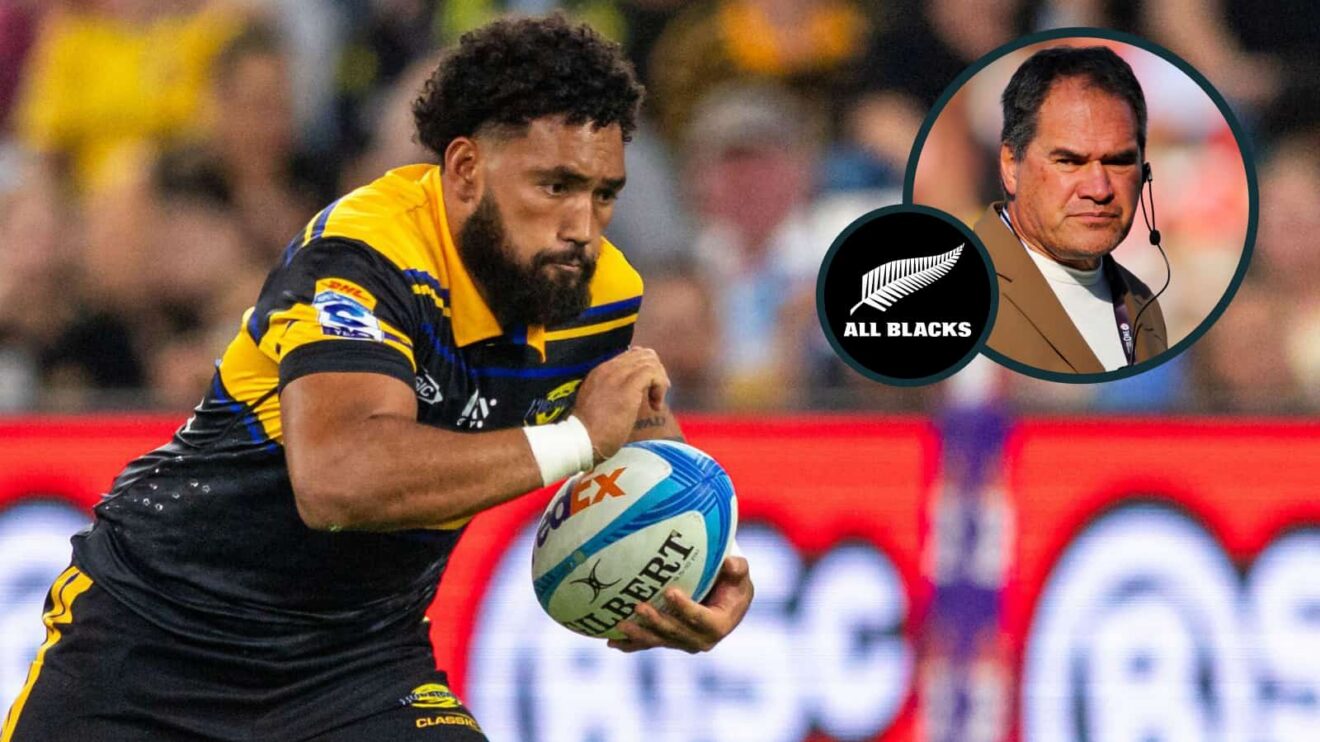 Fehi Fineanganofo in action for the Hurricanes and All Blacks head coach Dave Rennie (inset).
