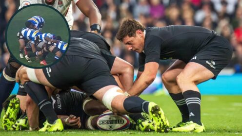 All Blacks scrum-half Cam Roigard and an inset of Stormers' halfback Imad Khan.