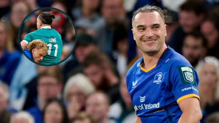 James Lowe in action for Leinster and Ireland (inset).