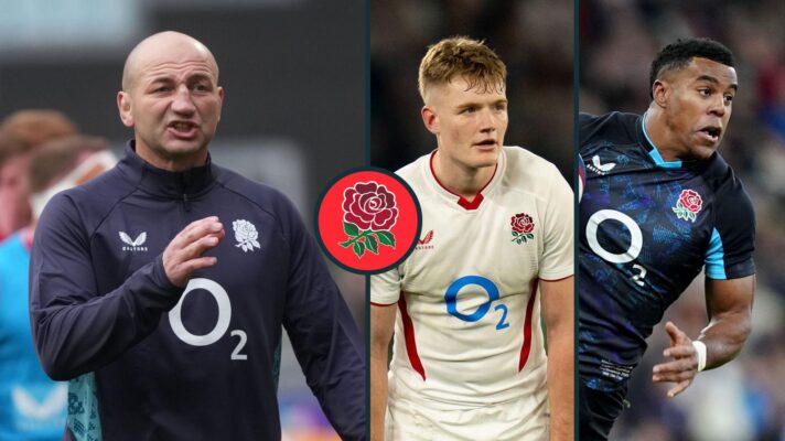 A three panel image of Steve Borthwick, Fin Smith and Immanuel Feyi-Waboso