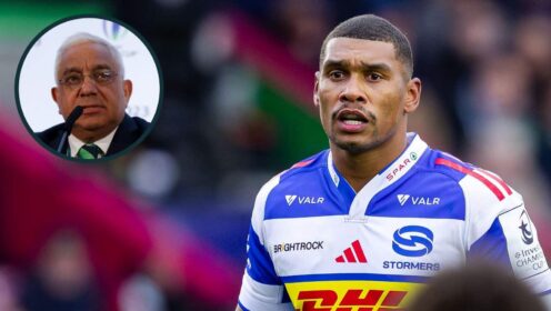 Stormers back Damian Willemse in action during the Investec Champions Cup and an inset of SA Rugby president Mark Alexander.