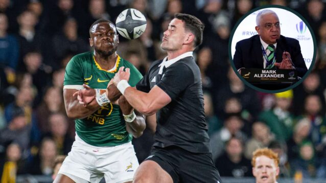 Springbok Aphelele Fassi and All Black Will Jordan during the Rugby Championship and an inset of SA Rugby president Mark Alexander.