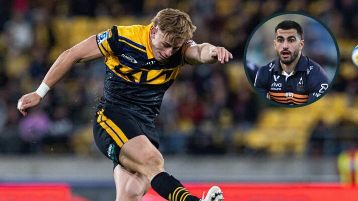 Hurricanes fly-half Ruben Love and an inset of Brumbies' Tom Wright.
