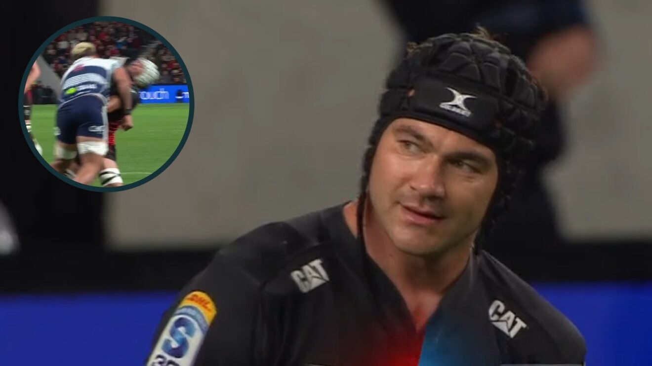 Crusaders captain David Havili and an inset of the dangerous tackle.