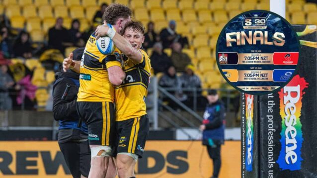 Warner Dearns celebrates with Hurricanes teammate Ruben Love and an inset of the Super Rugby Pacific semi-finals.