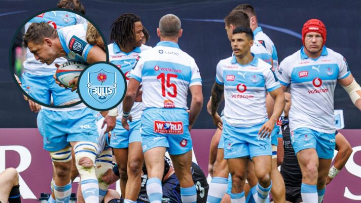Bulls celebrate a try against Glasgow Warriors.