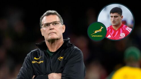 A two layered image of Rassie Erasmus and Paul de Villiers