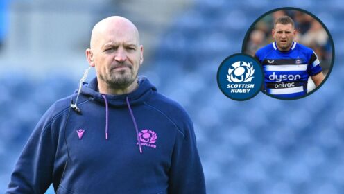 A two layered image of Gregor Townsend and Finn Russell