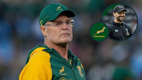 Springboks head coach Rassie Erasmus and an inset of ex-All Blacks fly-half Nick Evans.