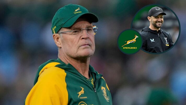 Springboks head coach Rassie Erasmus and an inset of ex-All Blacks fly-half Nick Evans.