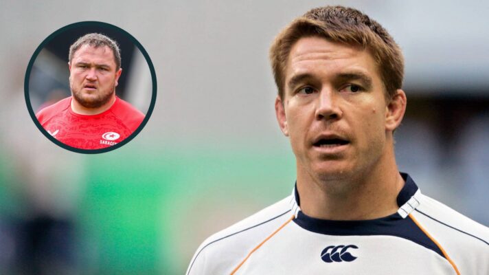 Former Springboks captain John Smit and an inset of England front rower Jamie George.
