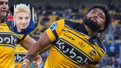 Hurricanes star Fehi Fineanganofo and an inset of Blues and All Blacks playmaker Beauden Barrett.