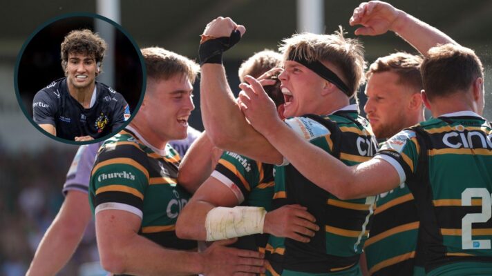 A two layered image of Northampton Saints players and Andrea Zambonin
