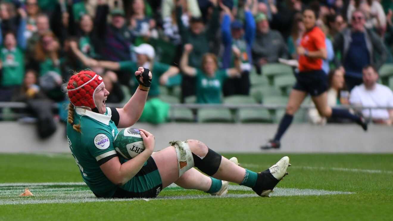 Aoife Wafer celebrating a try for Ireland in 2026 Women's Six Nations