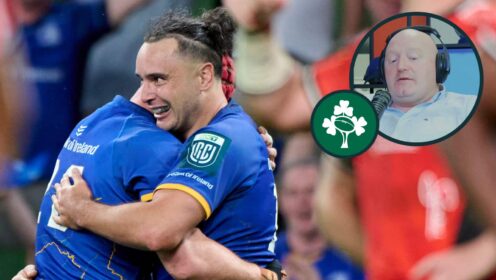 Leinster and Ireland winger James Lowe with an inset of Bernard Jackman.