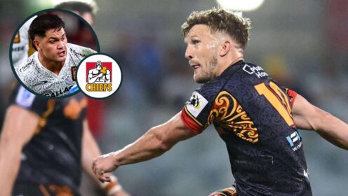 Damian McKenzie and an inset Quinn Tupaea.