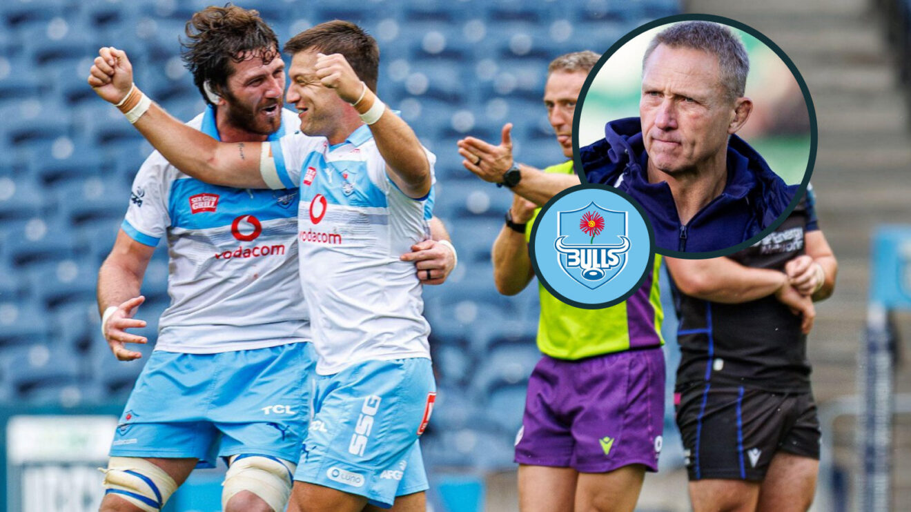 Bulls stalwarts Ruan Nortje and Handre Pollard celebrate a win while head coach Johan Ackermann (inset) looks on.
