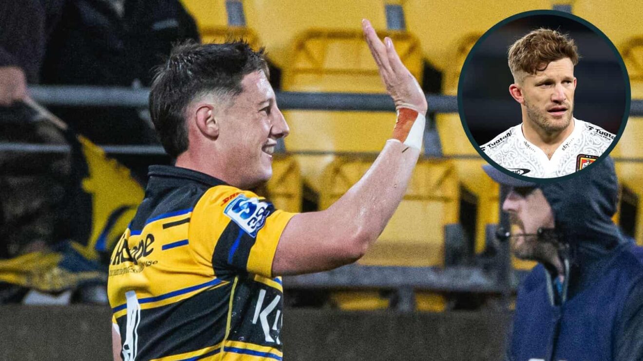 Hurricanes star Cam Roigard and an inset of Chiefs playmaker Damian McKenzie.