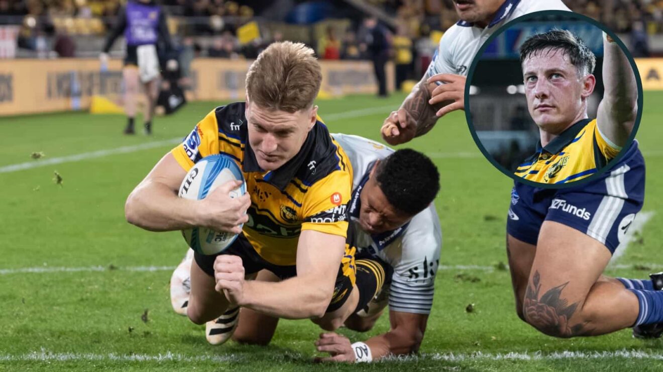 Hurricanes stars Jordie Barrett and Cam Roigard during the Super Rugby Pacific semi-final against the Blues.
