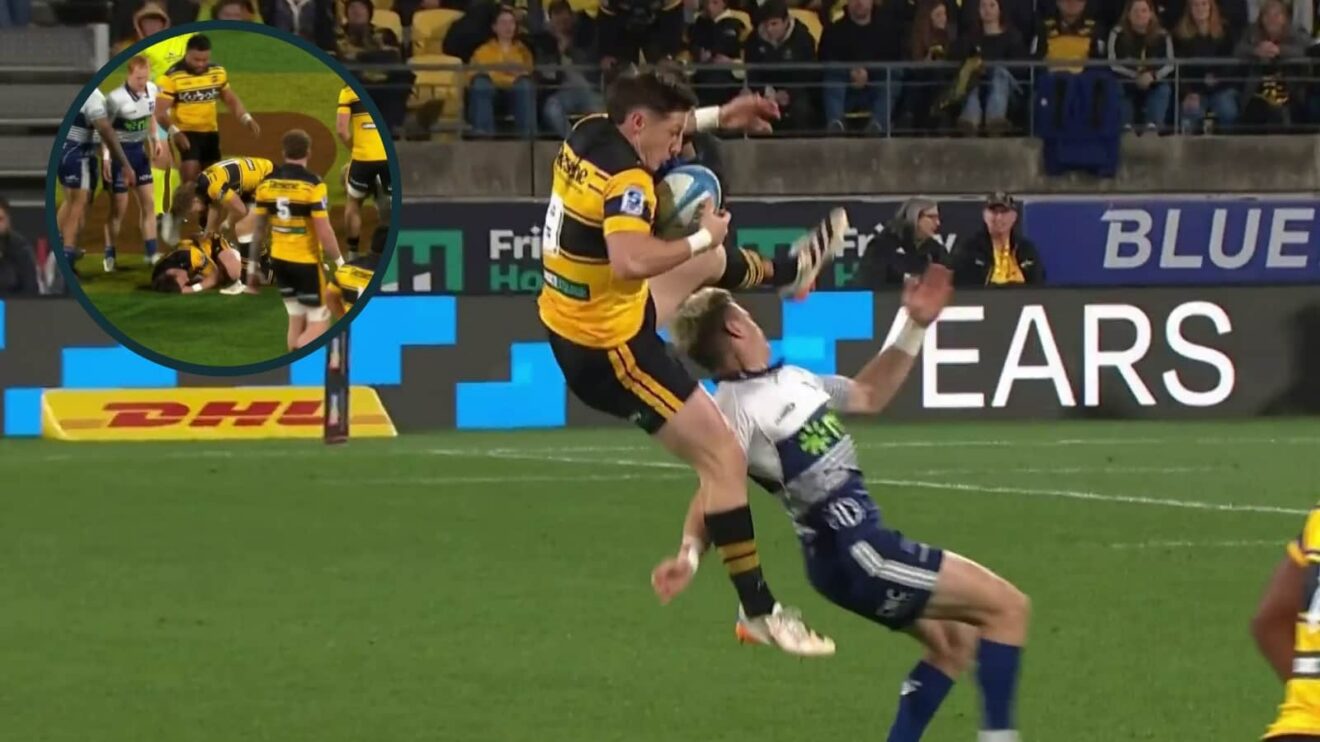 Cameron Roigard and Beauden Barrett during the Super Rugby Pacific semi-final between the Hurricanes and Blues.