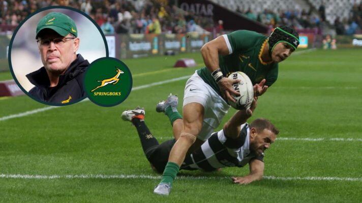 Cheslin Kolbe scores against the Barbarians in 2025 and an inset of Springboks head coach Rassie Erasmus.