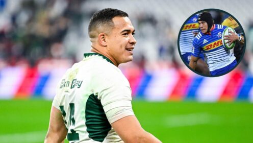 Springboks winger Cheslin Kolbe and an inset of him playing for the Stormers.