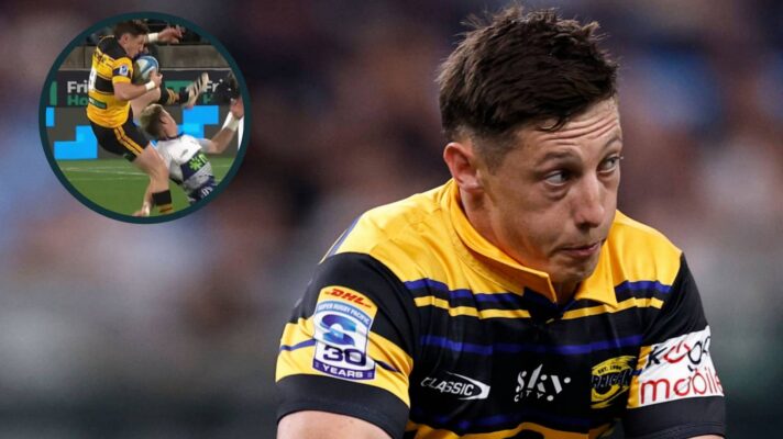 Cam Roigard in action for the Hurricanes and Beauden Barrett's illegal tackle on the All Blacks scrum-half (inset).