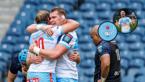 two layer image of Bulls players celebrating and Willie le Roux